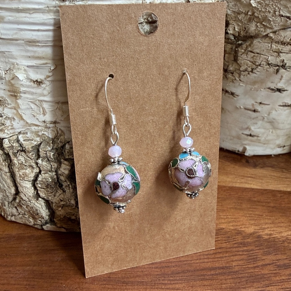 Vintage Cloisonné Floral Drop Earrings Pink Green Artisan Bead Dangle - Picture 4 of 4